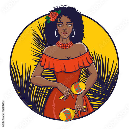 Beautiful girl playing maracas. Happy smiling black woman in summer dress. Circle label, poster, tee shirt print. Vector illustration in retro pin-up, pop art, comic style.