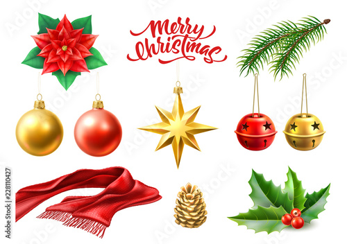 Vector merry christmas realistic symbols, toys set