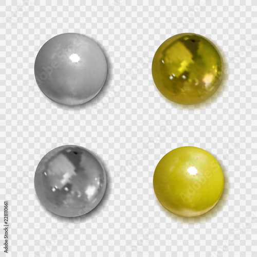 Vector Realistic Golden and Silver Buttons with Shadows on Transparent Background, Metallic Balls.