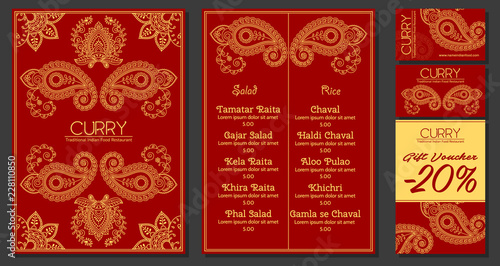 Vector illustration of a menu for a restaurant or cafe Indian oriental cuisine, business cards and vouchers. Hand-drawn gold pattern on a red background.