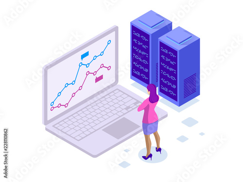 Concept business strategy. Illustration of data financial graphs or diagrams, information data statistic. Laptop and infographics isometric vector illustration