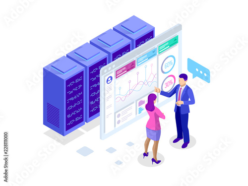 Concept business strategy. Illustration of data financial graphs or diagrams, information data statistic. Computer screen and infographics isometric vector illustration