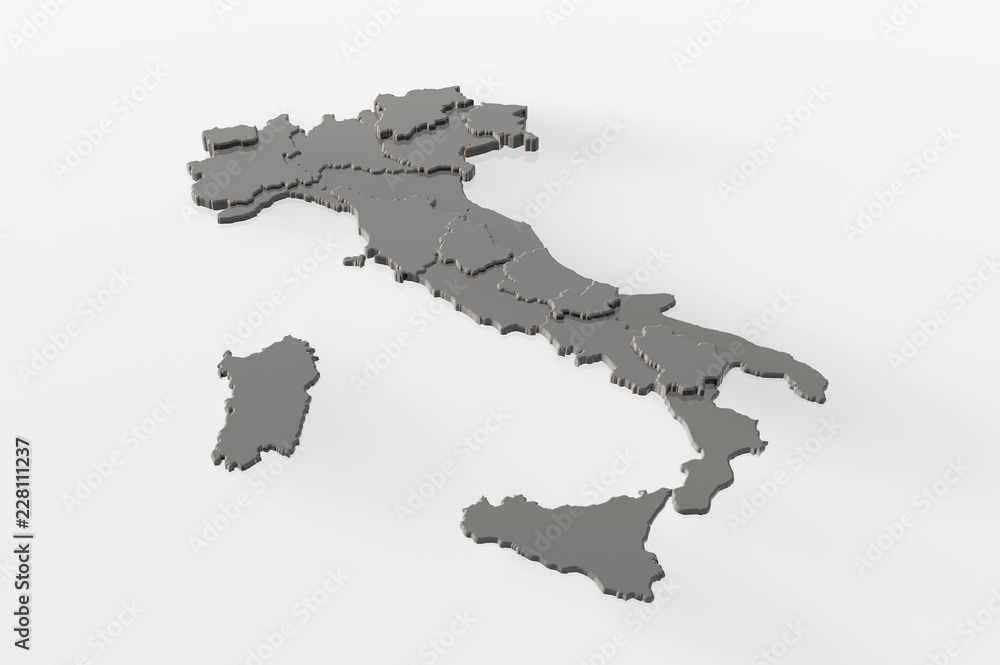 Mappa neutra in 3D dell’italia con le sue regioni in rilievo, 3D rendering 