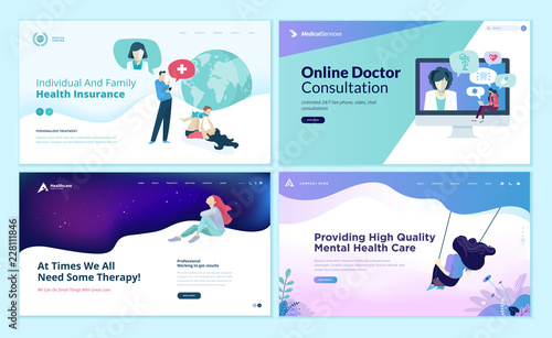 Set of web page design templates for medicine, health insurance, therapy,  online medical services. Modern vector illustration concepts for website and mobile website development. 