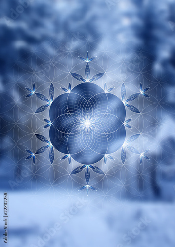 Vector festive template; Spiritual sacred geometry; "Flower of life" and crystal ice snowflake on fairytale winter photographic background; New year and Christmas; Yoga, meditation and relax.