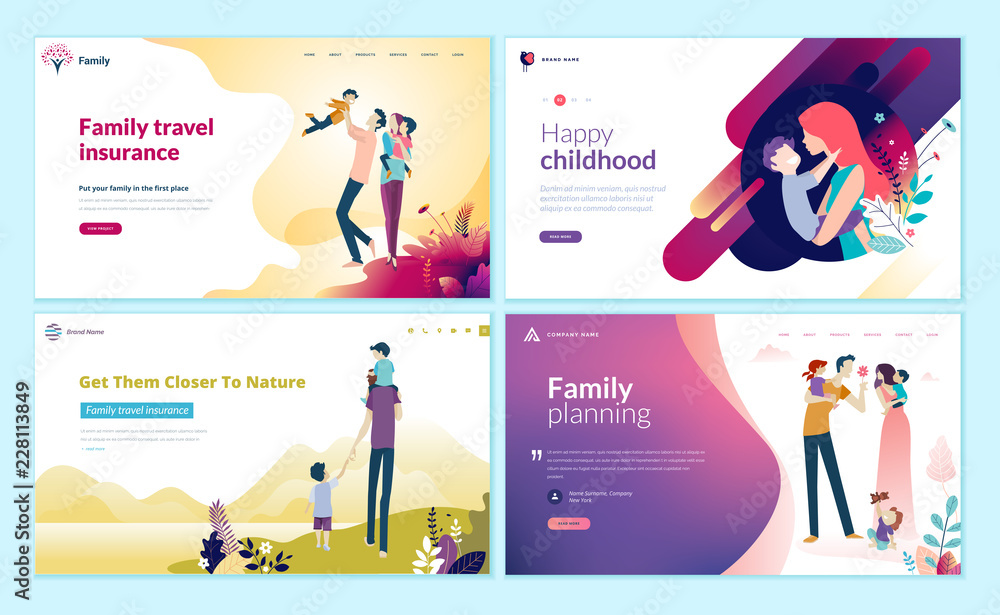 Set of web page design templates for family planning, travel insurance, nature and healthy life. Modern vector illustration concepts for website and mobile website development.  - obrazy, fototapety, plakaty 