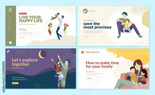Set of web page design templates for family time, kids insurance, happy family. Modern vector illustration concepts for website and mobile website development. 