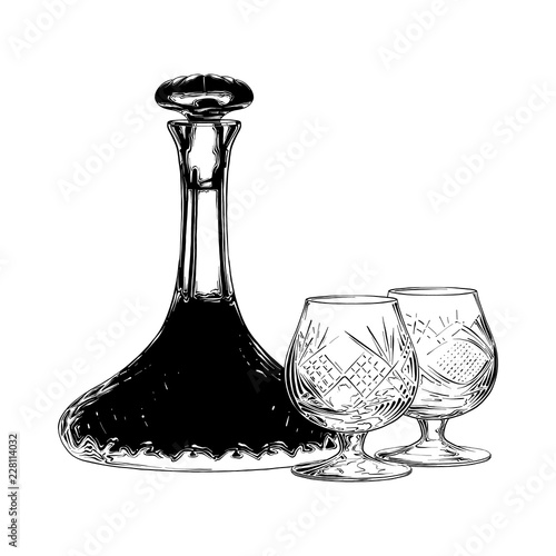 Vector engraved style illustration for posters, decoration and print. Hand drawn sketch of Jewish wine in black isolated on white background. Detailed vintage etching style drawing.