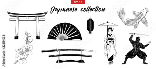 Vector engraved style illustration for posters, decoration and print. Hand drawn sketch set of japanese elements isolated on white background. Detailed vintage etching drawing.
