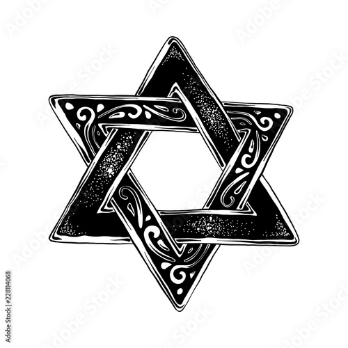 Vector engraved style illustration for posters, decoration and print. Hand drawn sketch of Jewish David's star in black isolated on white background. Detailed vintage etching style drawing.