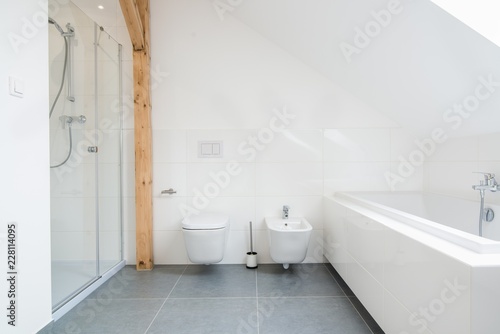 White loft bathroom with glass shower cabin.