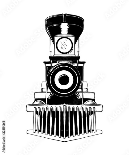 Vector engraved style illustration for posters, decoration and print. Hand drawn sketch of old locomotive in black isolated on white background. Detailed vintage etching style drawing.