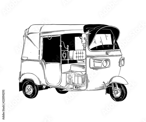 Vector engraved style illustration for posters, decoration and print. Hand drawn sketch of thai tuk tuk transport in black isolated on white background. Detailed vintage etching style drawing