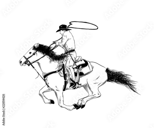 Vector engraved style illustration for posters, decoration and print. Hand drawn sketch of western cowboy on horse in black isolated on white background. Detailed vintage etching style drawing.