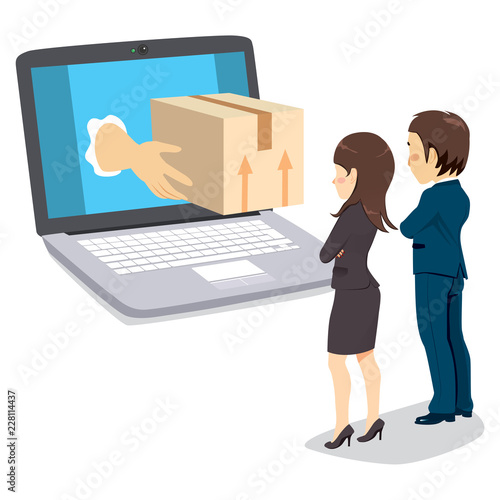 Business people receiving online delivery parcel from fast shipping internet service order on laptop popping out hands holding box