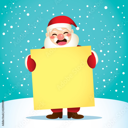 Santa Claus holding white blank placard poster with snow background © Kakigori Studio