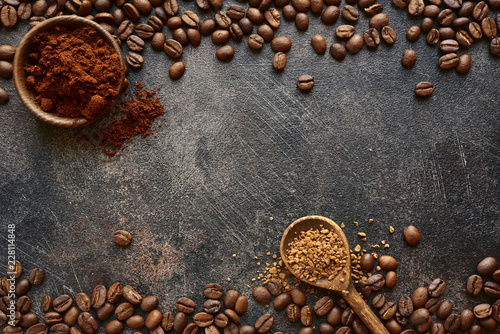 Ground coffee and coffee beans .Top view with copy space.