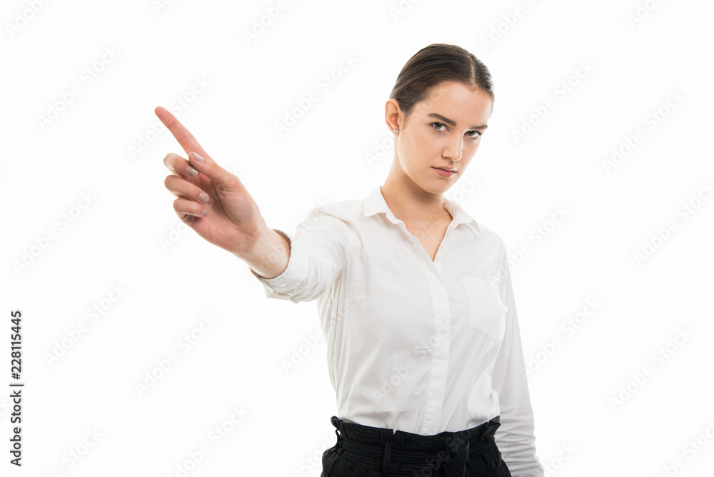 Young pretty bussines woman waving finger like no gesture Young pretty bussines woman waving finger like no gesture