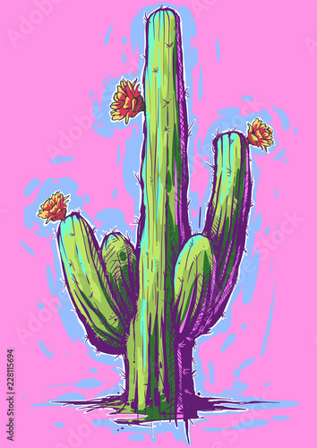 Vector Cactus Illustration sketch. Creative  modern neon style, ink dots and lines. Flowers red. hand draw. painting. Colorful fresh summer colors. photo