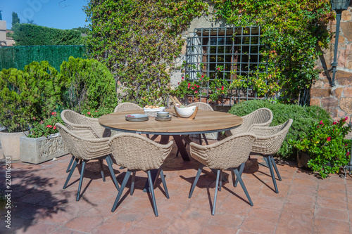 Garden dining table with chairs.