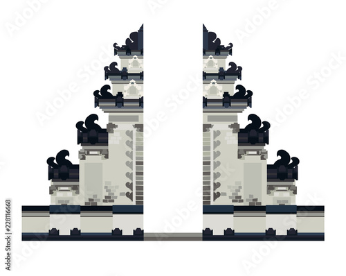 Bali temple entrance vector illustration. National landscape,  gate in Bali, Indonesia. Ethnic historical building isolated on white background