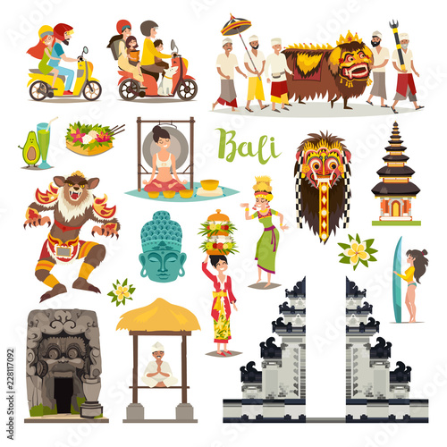 Bali landmarks vector icons set. Illustrated travel collection. Balinese traditional Temple, ethnic mask, indonesian people and tourist, Buddha drawn art sign. Isolated on white background