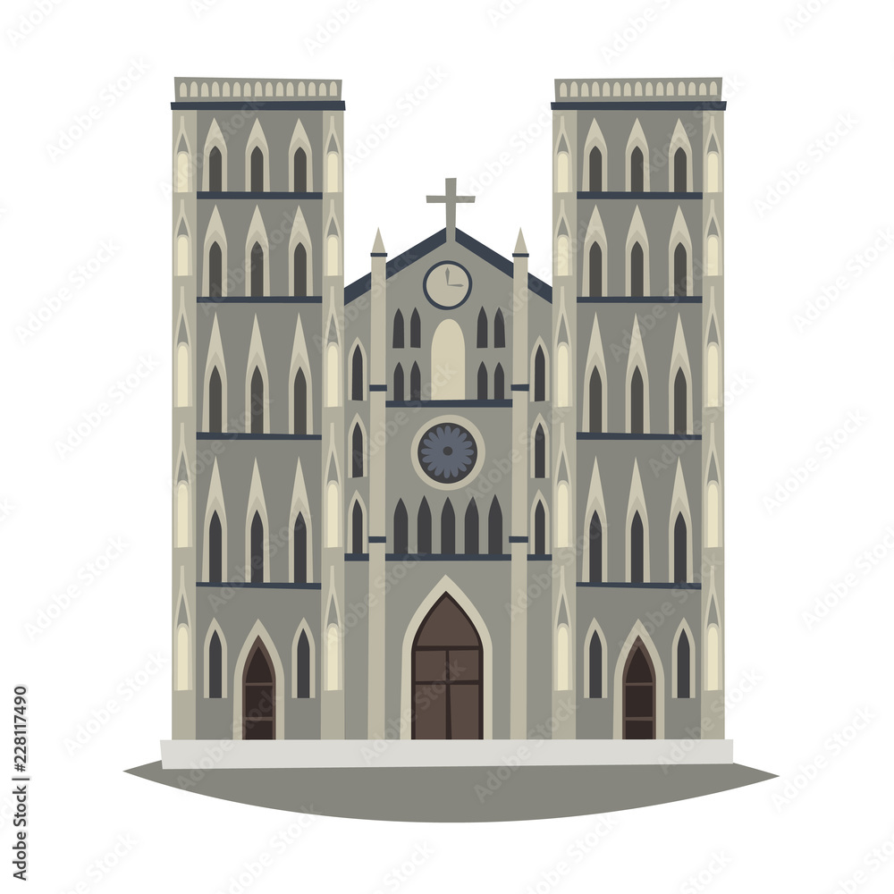 Fototapeta premium St Joseph's Cathedral in Hanoi cartoon vector illustration. Gothic church isolated on white background. Flat cartoon style Vietnamese traditional cultural symbols