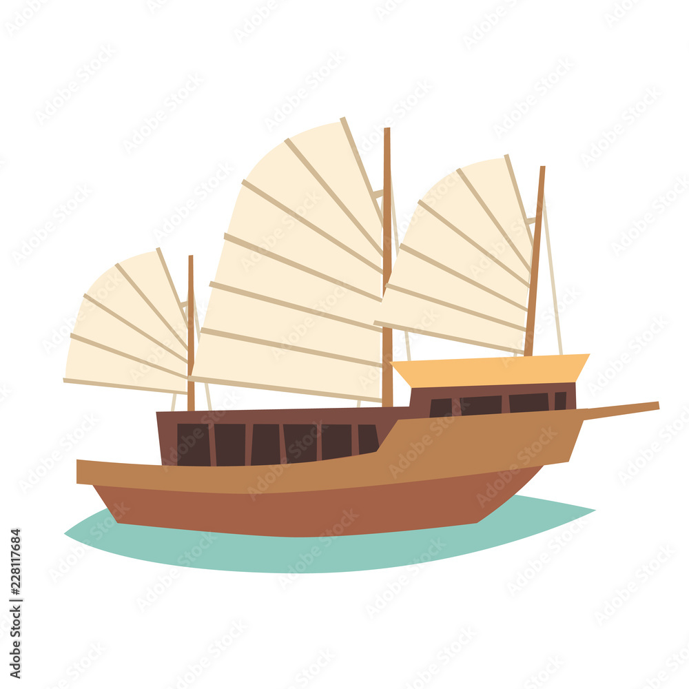 Vietnamese boat vector illustration. Asian old ship icon, cartoon flat  design. Isolated on white background Stock Vector