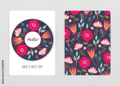 Cover design with floral pattern. Hand drawn creative flowers. Colorful artistic background with blossom. It can be used for invitation, card, cover book, notebook. Size A4. Vector illustration, eps10