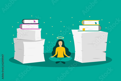 Young woman meditates between piles of paper.