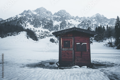closed cabin on ski slope - outdoor activity in winter time