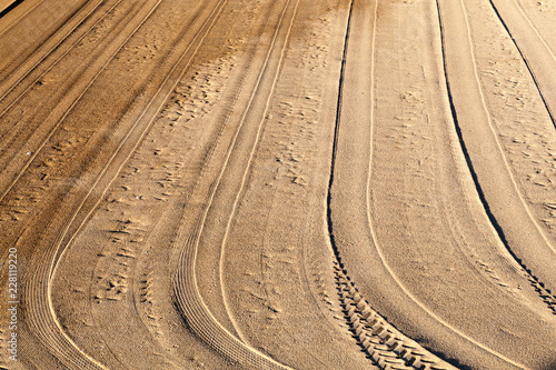 Tire tracks on an empty beach
