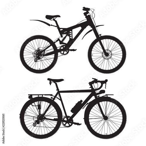 Mountain and touring bikes vector black silhouettes