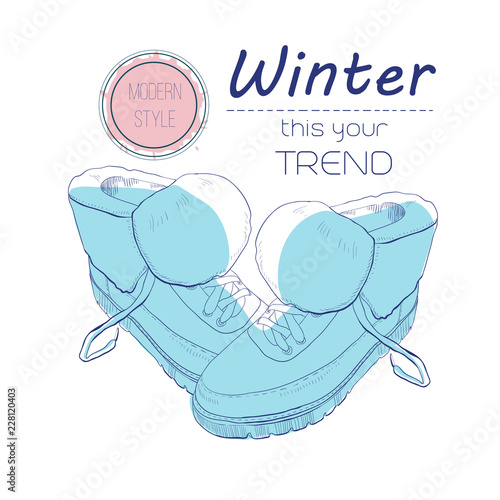 boots shoes for winter. Poster Retro style. Design flyer with vintage hand-drawn illustrations.