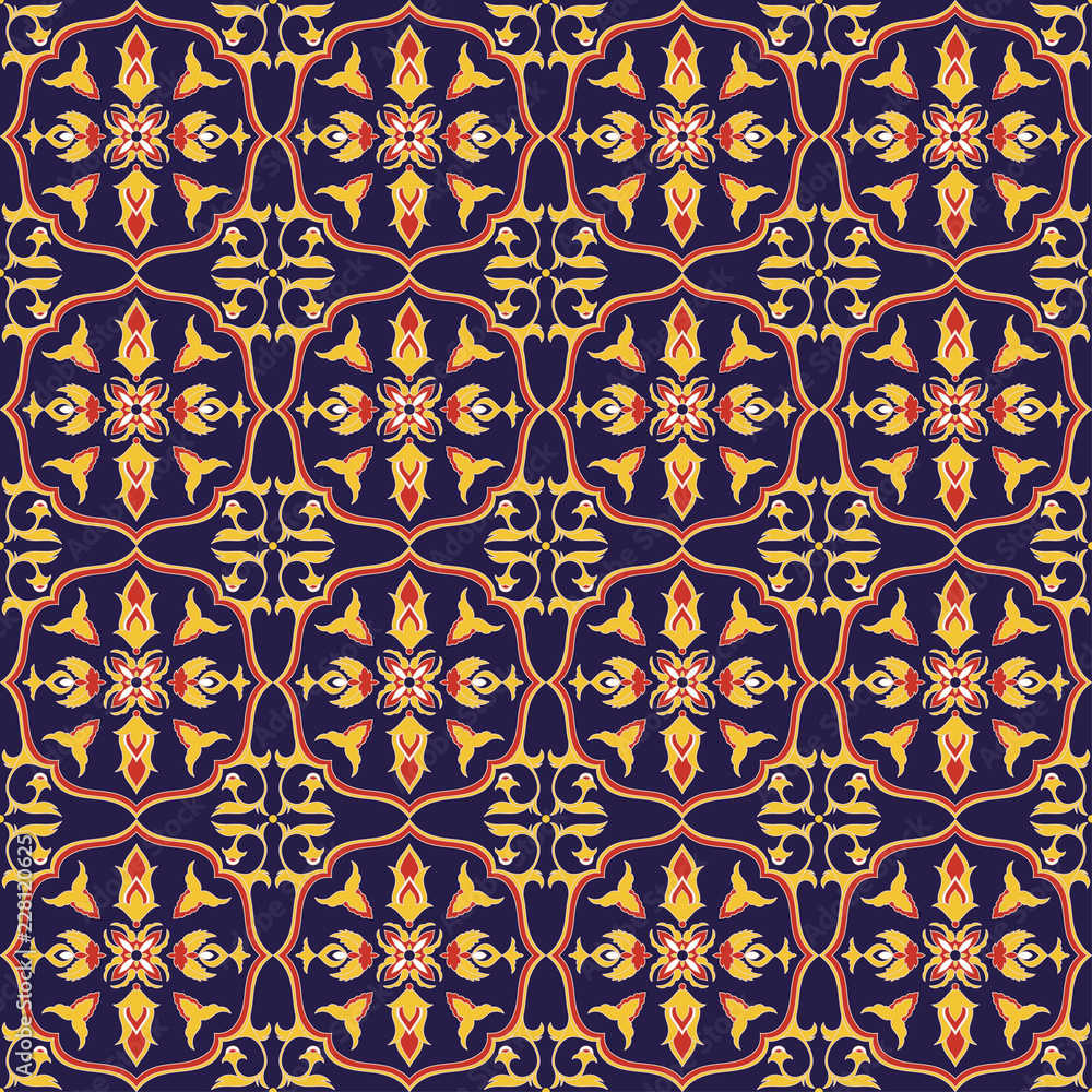 Spanish tile pattern vector seamless with baroque ornament. Portuguese azulejo, mexican talavera, italian majolica, barcelona motif. Tiled background for ceramic kitchen wall or bathroom mosaic floor.