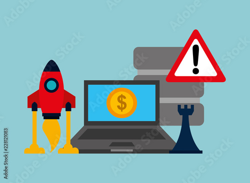 laptop computer with coin dollar and set icons