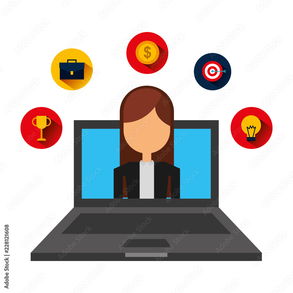 businesswoman in laptop computer with set icons businesswoman in laptop computer with set icons