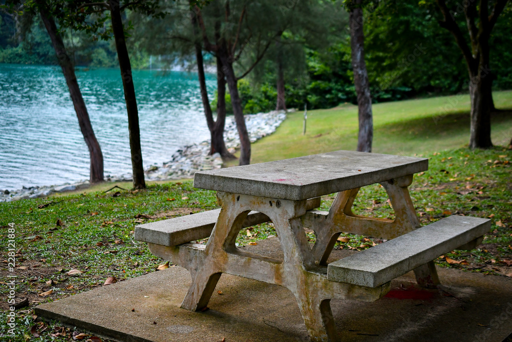 Empty Garden stone bench and table Empty Garden stone bench and table
