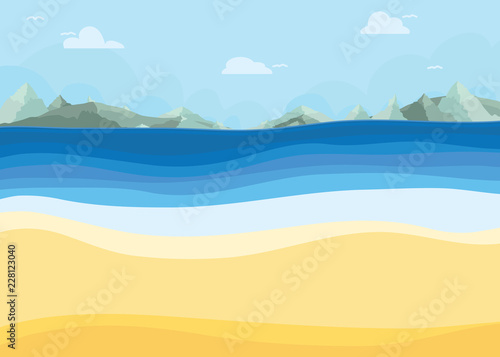 Beach sea waves with clouds mountain background. Summer background.