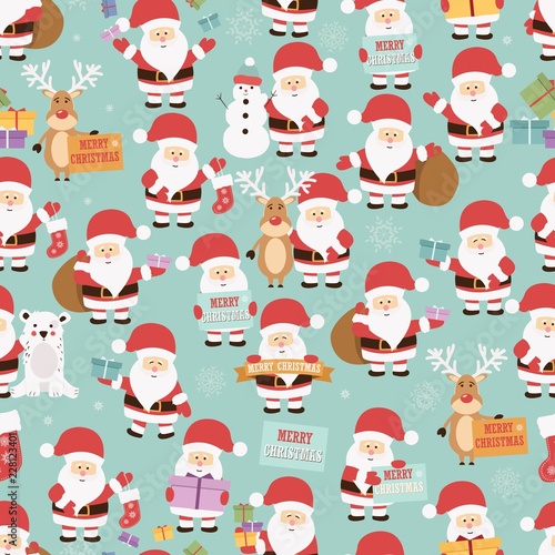 Christmas seamless pattern with santa claus, reindeer, bear and gifts