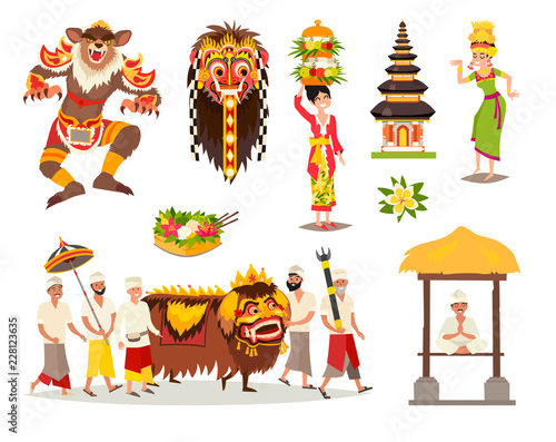 Bali traditional cultural concepts vector illustration set. Balinese traditional New Year, ethnic mask and dance. Ubud indonesian ceremony and Temple drawn art sign. Isolated on white background