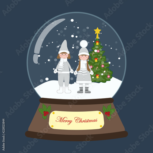 Christmas snow globe with children around christmas tree