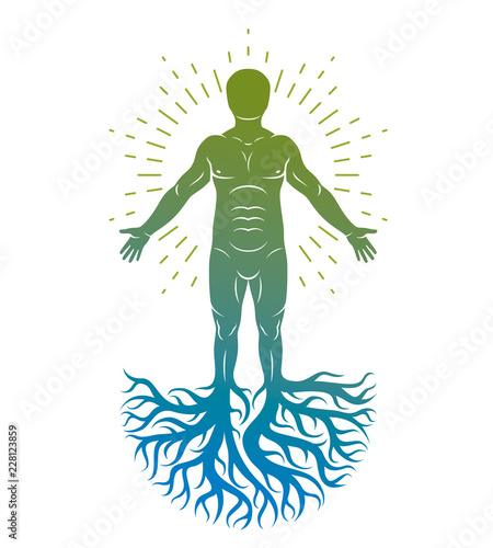Vector artistic graphic illustration of muscular human, self. Strong roots as symbol of personality growth and development.