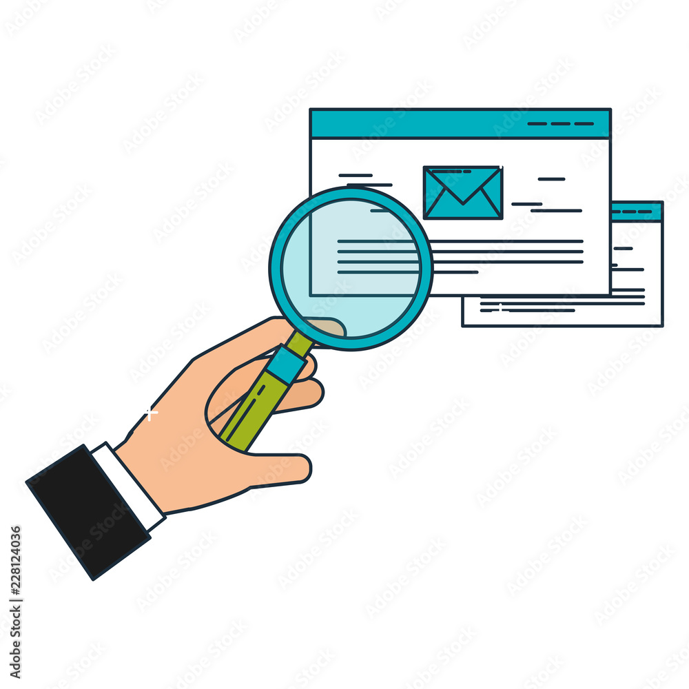 hand with magnifying glass email business hand with magnifying glass email business