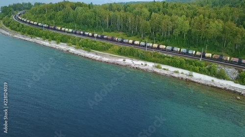 Lake baikal and train Bam road to Magadan in Siberia. Baikal-Amur Mainline. Russia. Areal Dron Shoot.