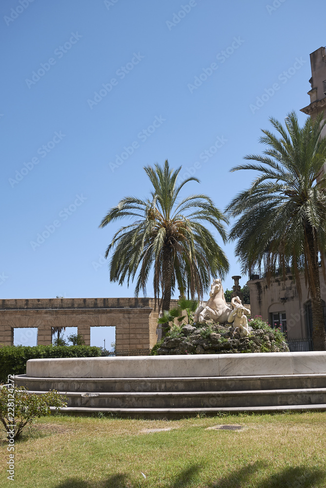 Palermo, Italy - September 08, 2018 : View of the Cavallo Marino fountain