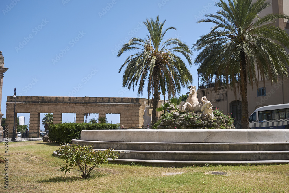 Palermo, Italy - September 08, 2018 : View of the Cavallo Marino fountain Palermo, Italy - September 08, 2018 : View of the Cavallo Marino fountain