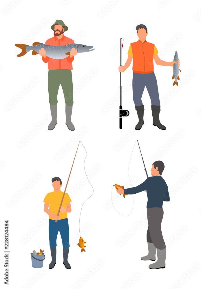 Set of Fishers with Catch Isolated on White Banner