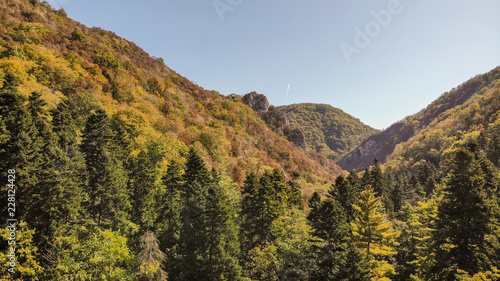 Aerial view of mountains in national park Cheile Nerei Beusnita in Romania. Part of Carpathian mountains with beautiful autumn colors.