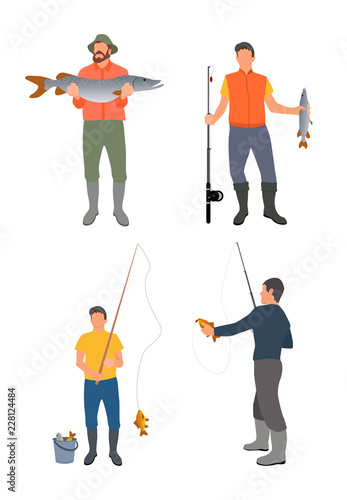 Set of Fishers with Catch Isolated on White Banner